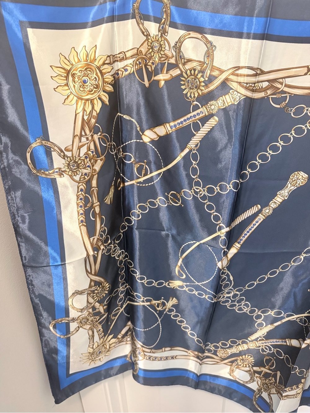 Navy Blue Chain Print satin-like polyester blend-Feel Scarf - Picture 2 of 3